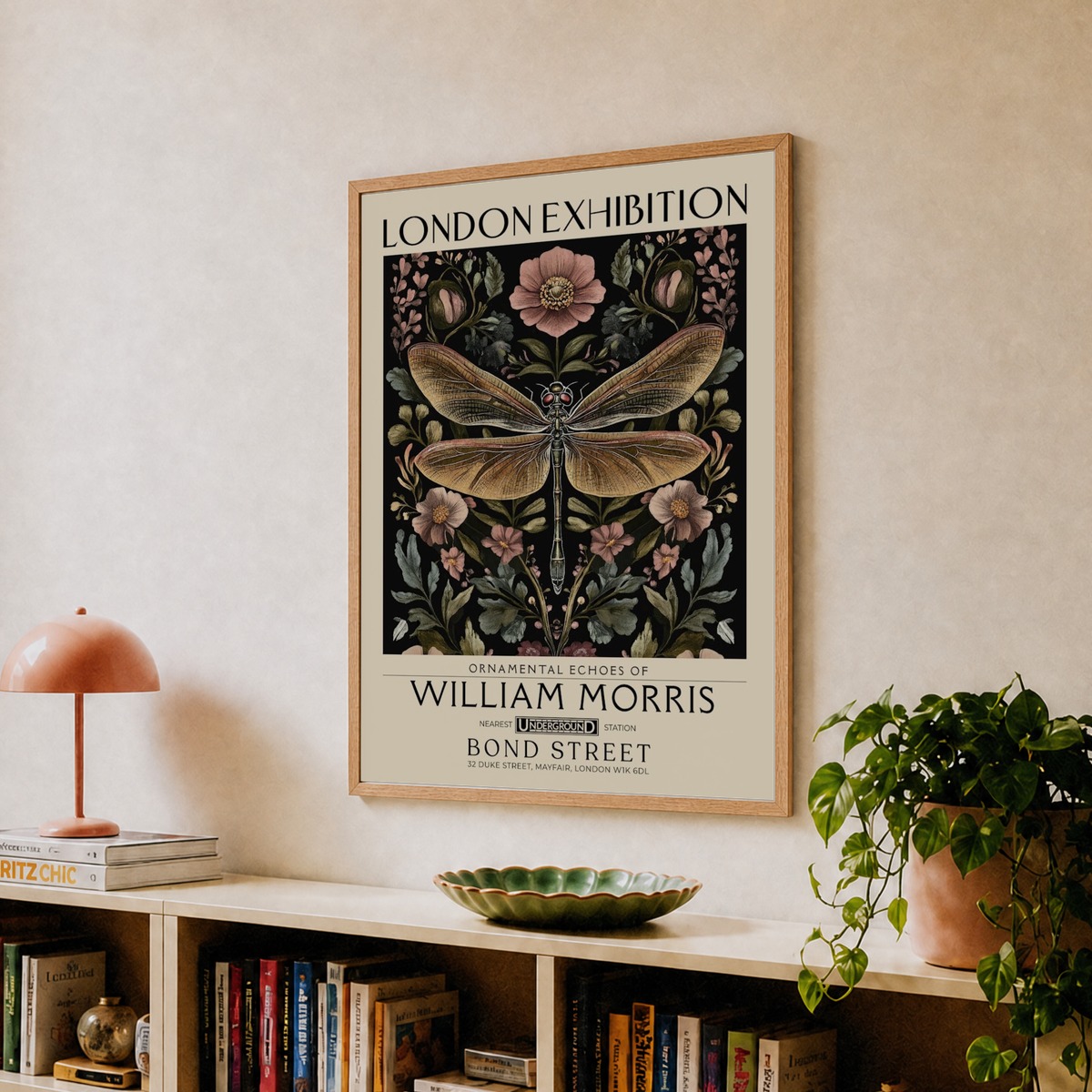 William Morris Dragonfly and floral artwork in Warm earth tones