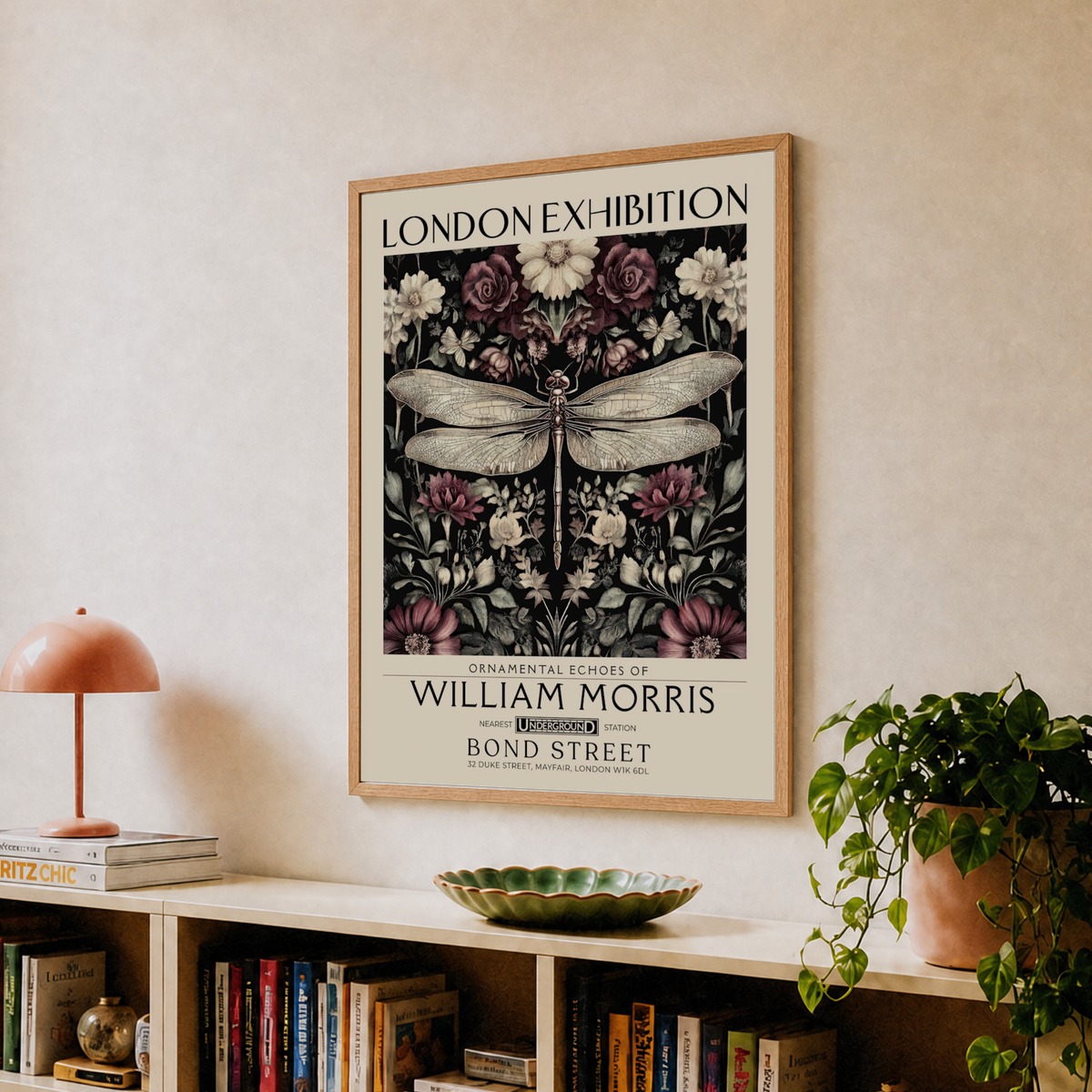 William Morris Dragonfly and floral artwork in Warm earth tones