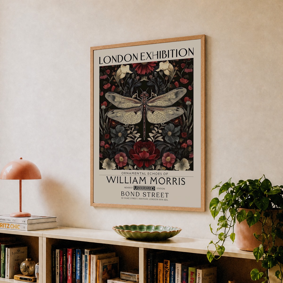 William Morris Dragonfly and floral artwork in Warm earth tones