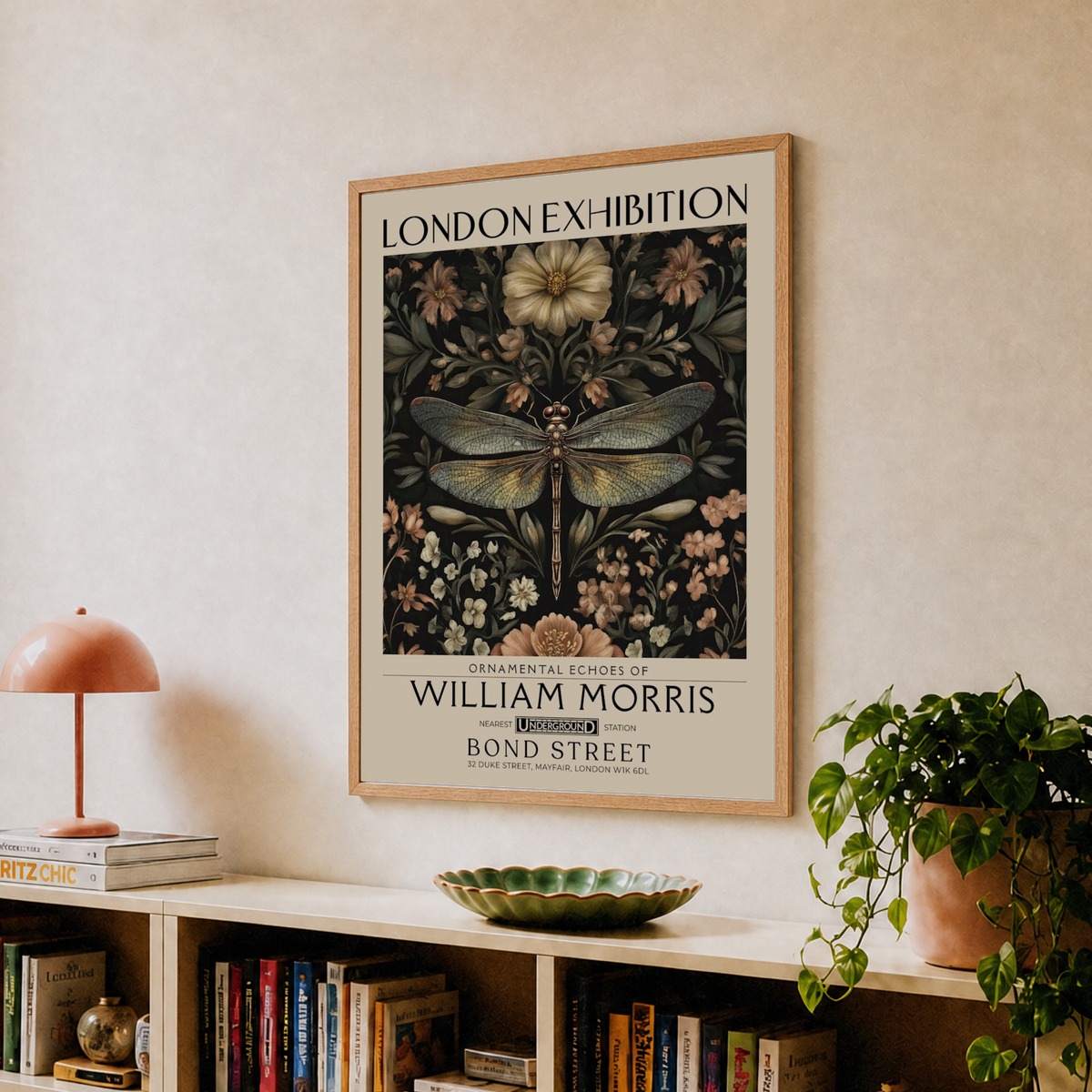 William Morris Dragonfly and floral artwork in Warm earth tones