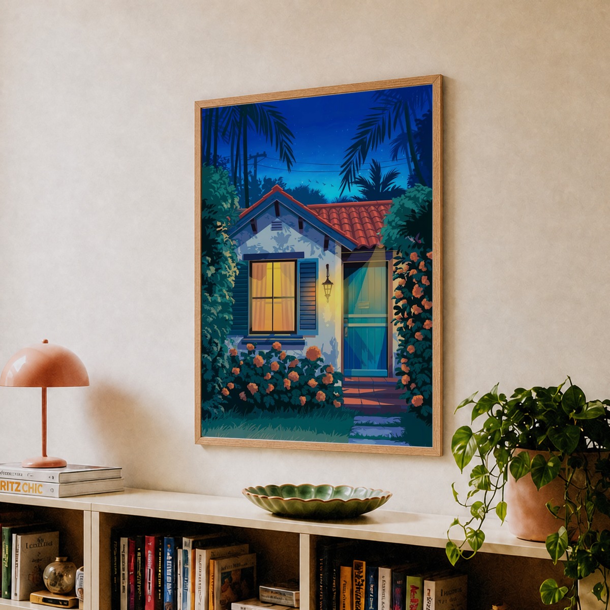 Anime Canvas Art: Cozy Tropical House with Glowing Window, Red