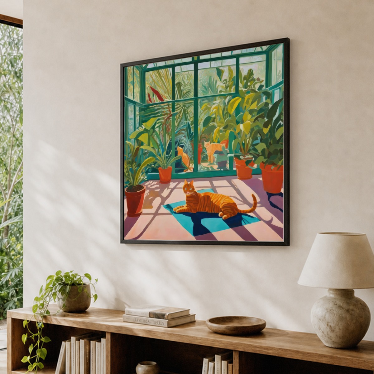 David Hockney Style. Cats in Sunlit Conservatory Series 1 Art